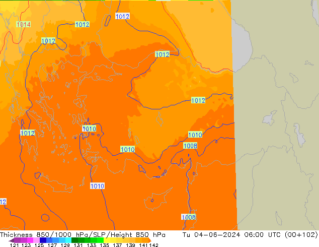 Thck 850-1000 hPa UK-Global  04.06.2024 06 UTC