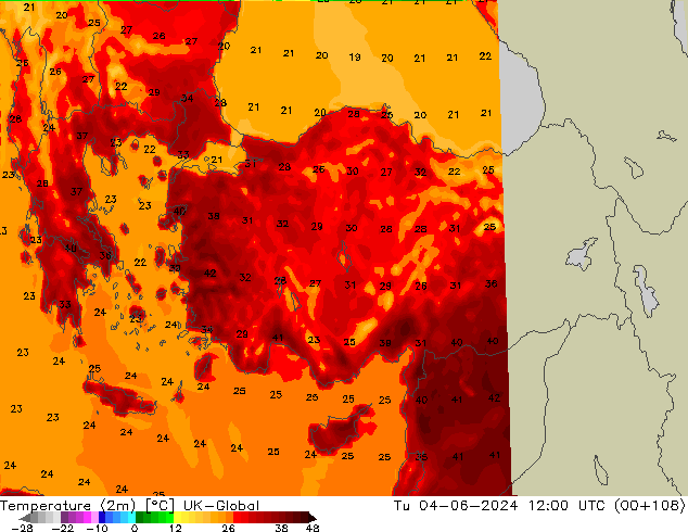 Temperature (2m) UK-Global Tu 04.06.2024 12 UTC