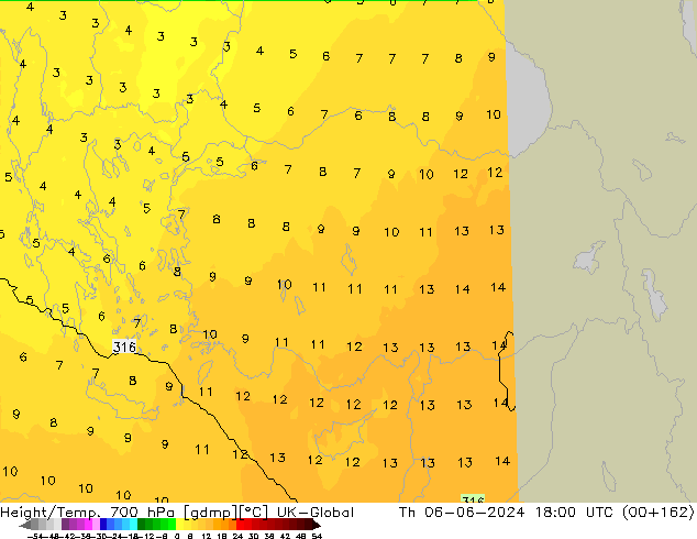 Height/Temp. 700 hPa UK-Global Th 06.06.2024 18 UTC
