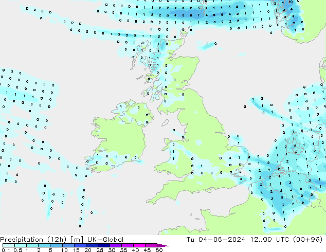 Precipitation (12h) UK-Global Tu 04.06.2024 00 UTC