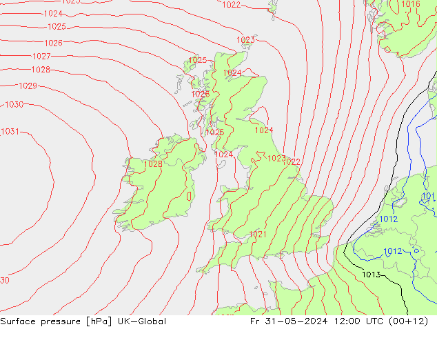 Pressione al suolo UK-Global ven 31.05.2024 12 UTC