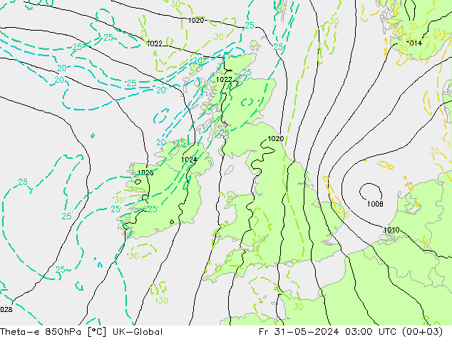 Theta-e 850hPa UK-Global Fr 31.05.2024 03 UTC