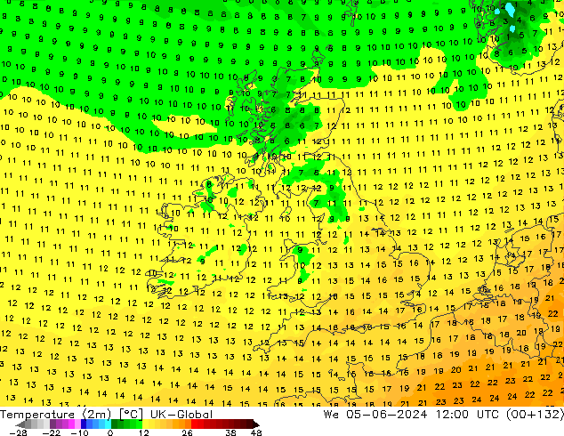 Temperatura (2m) UK-Global mer 05.06.2024 12 UTC