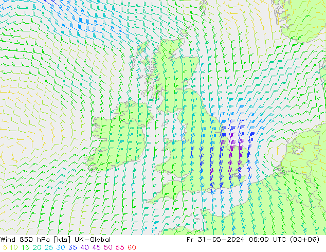 Wind 850 hPa UK-Global Pá 31.05.2024 06 UTC