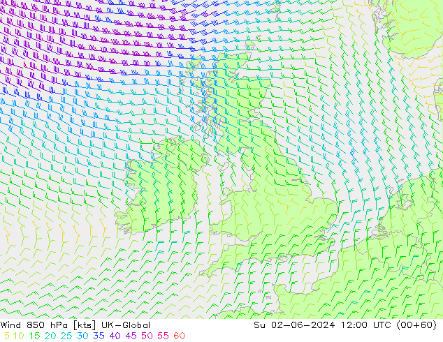 Wind 850 hPa UK-Global Su 02.06.2024 12 UTC