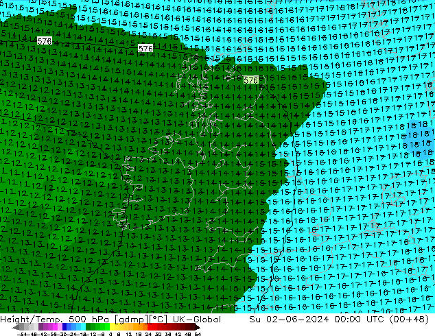Height/Temp. 500 hPa UK-Global  02.06.2024 00 UTC