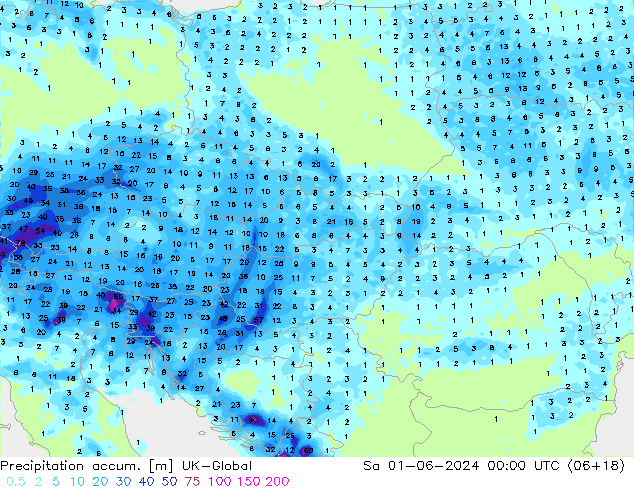 Precipitation accum. UK-Global Sáb 01.06.2024 00 UTC