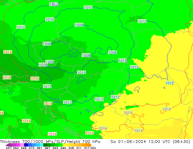 Thck 700-1000 hPa UK-Global Sa 01.06.2024 12 UTC