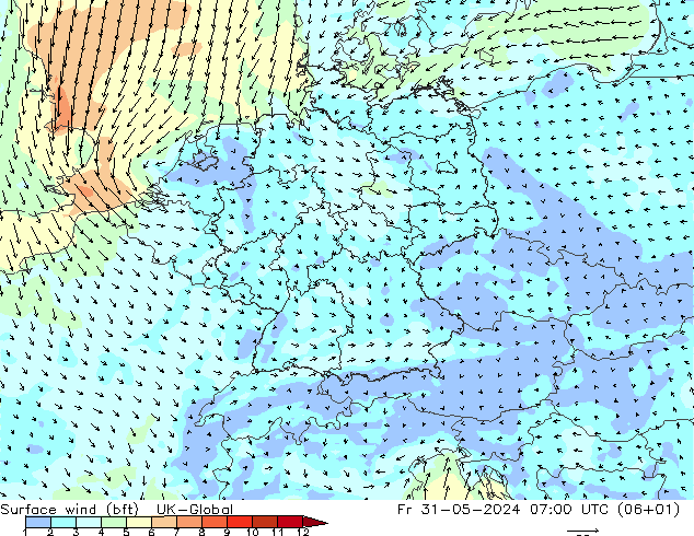 Vento 10 m (bft) UK-Global ven 31.05.2024 07 UTC