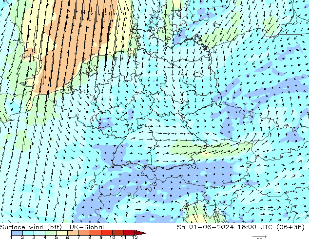 Viento 10 m (bft) UK-Global sáb 01.06.2024 18 UTC