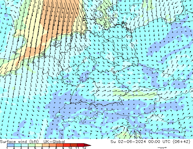 Surface wind (bft) UK-Global Ne 02.06.2024 00 UTC