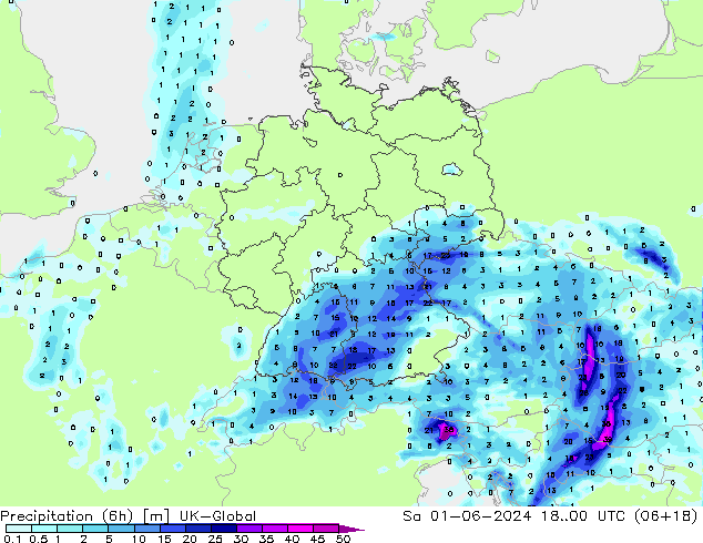 Precipitazione (6h) UK-Global sab 01.06.2024 00 UTC