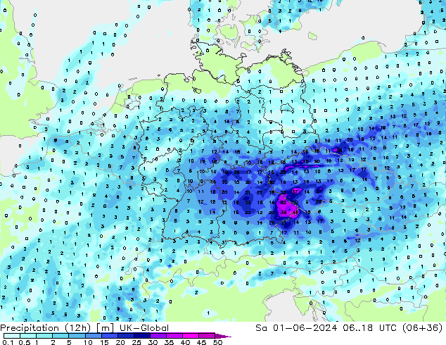 Precipitação (12h) UK-Global Sáb 01.06.2024 18 UTC