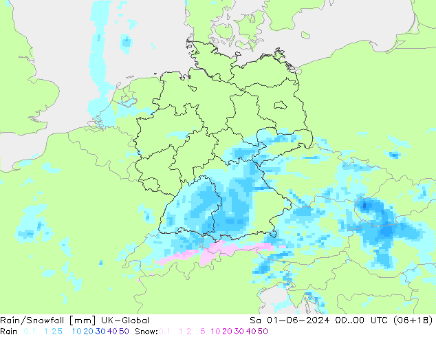 Rain/Snowfall UK-Global sab 01.06.2024 00 UTC