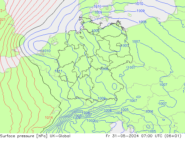 Atmosférický tlak UK-Global Pá 31.05.2024 07 UTC