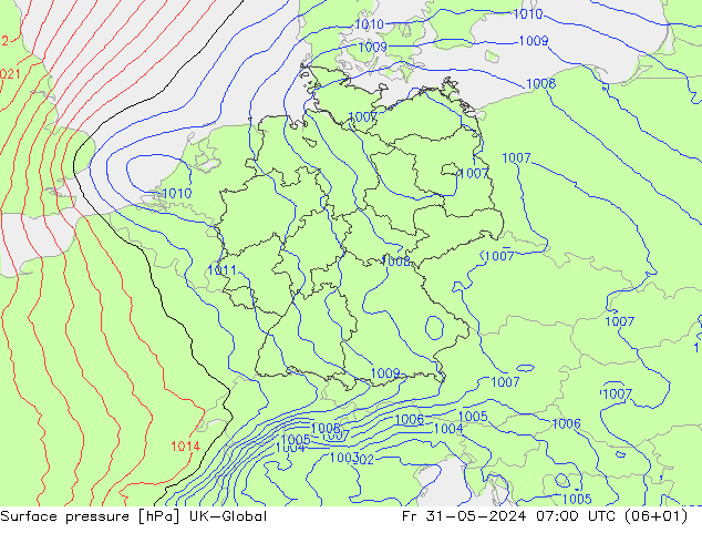 Pressione al suolo UK-Global ven 31.05.2024 07 UTC