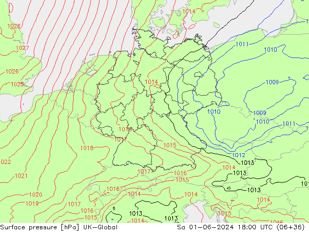 Pressione al suolo UK-Global sab 01.06.2024 18 UTC