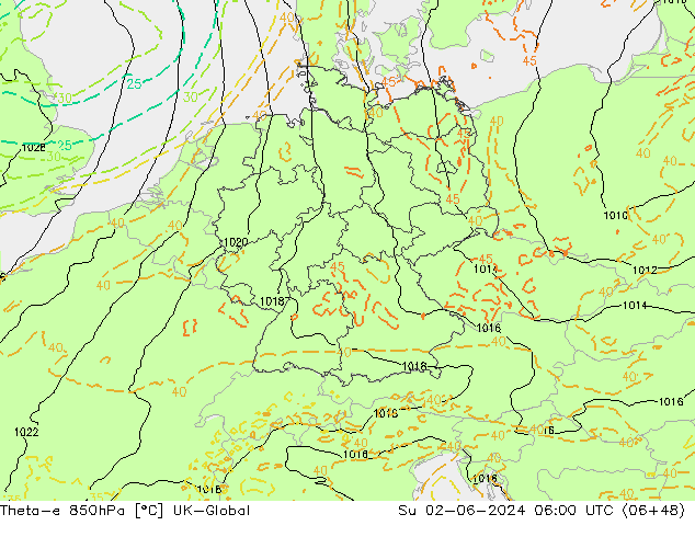 Theta-e 850гПа UK-Global Вс 02.06.2024 06 UTC