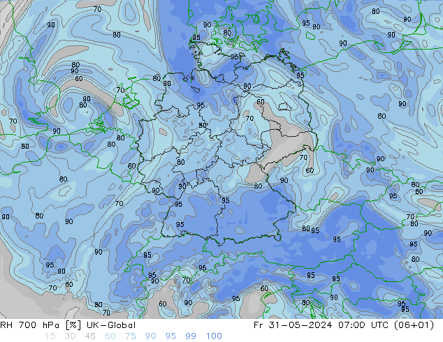 RH 700 hPa UK-Global ven 31.05.2024 07 UTC