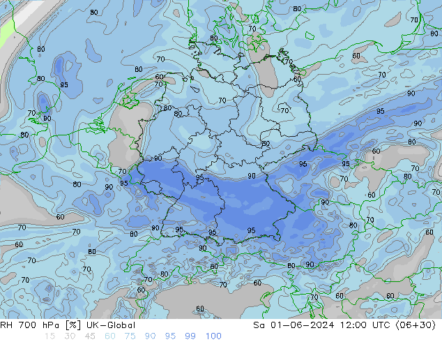 Humedad rel. 700hPa UK-Global sáb 01.06.2024 12 UTC