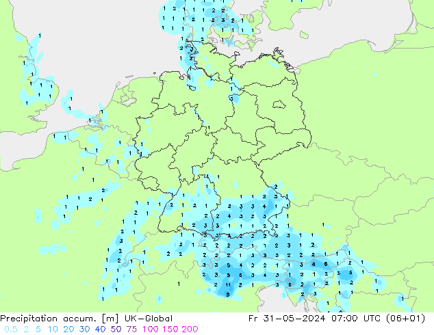 Precipitation accum. UK-Global Fr 31.05.2024 07 UTC