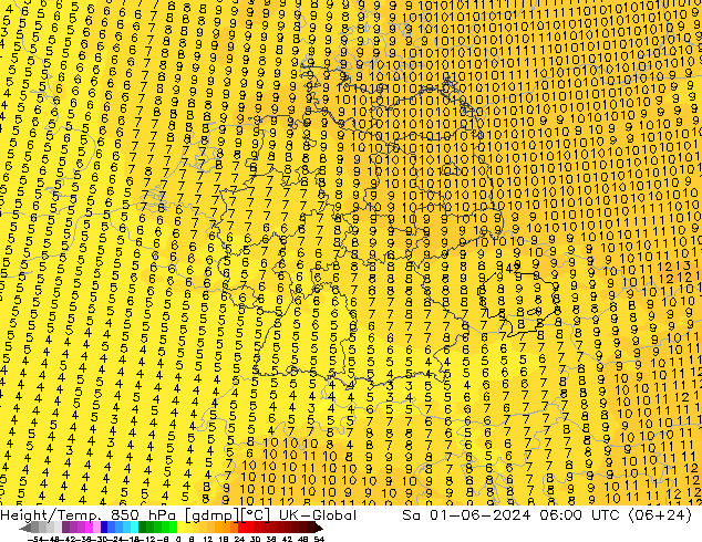 Height/Temp. 850 гПа UK-Global сб 01.06.2024 06 UTC