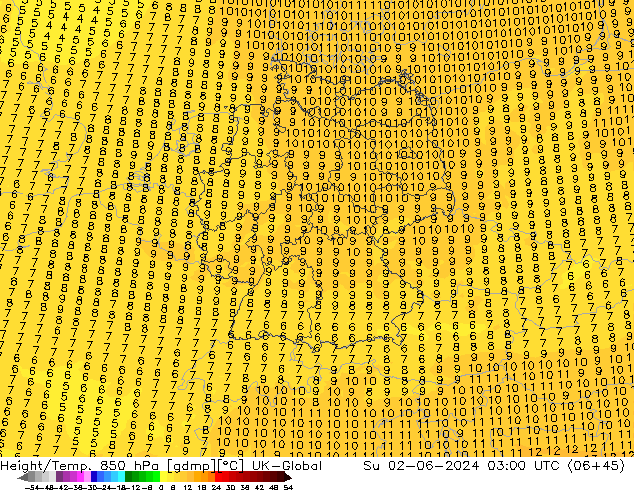 Height/Temp. 850 hPa UK-Global Dom 02.06.2024 03 UTC