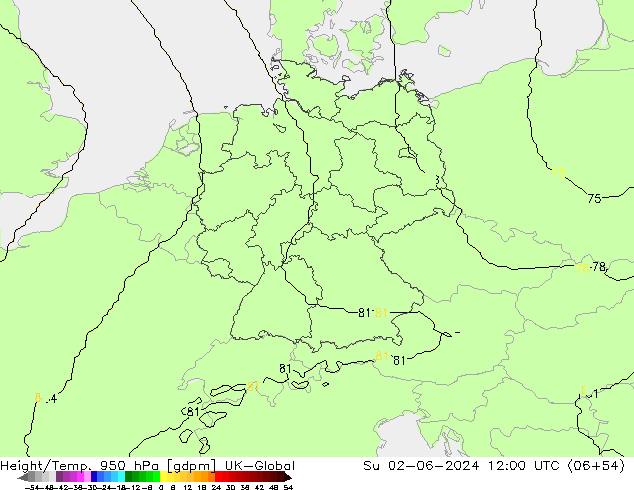 Height/Temp. 950 hPa UK-Global Su 02.06.2024 12 UTC