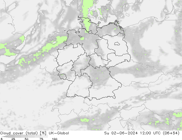 Cloud cover (total) UK-Global Su 02.06.2024 12 UTC