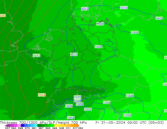 Espesor 700-1000 hPa UK-Global vie 31.05.2024 09 UTC