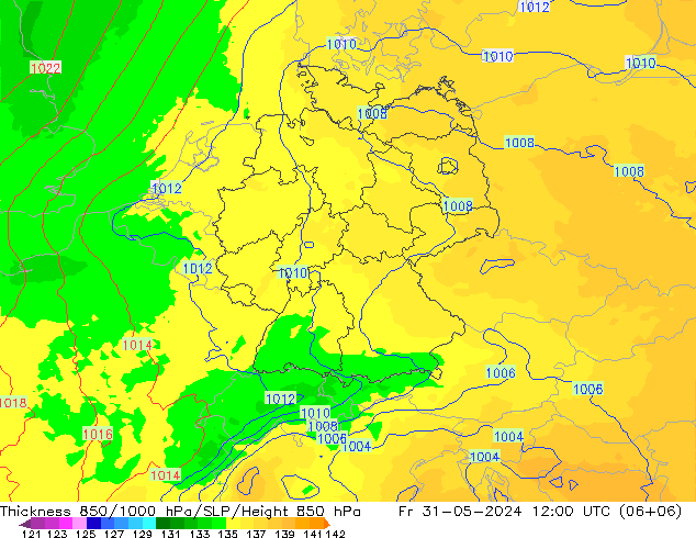 Schichtdicke 850-1000 hPa UK-Global Fr 31.05.2024 12 UTC