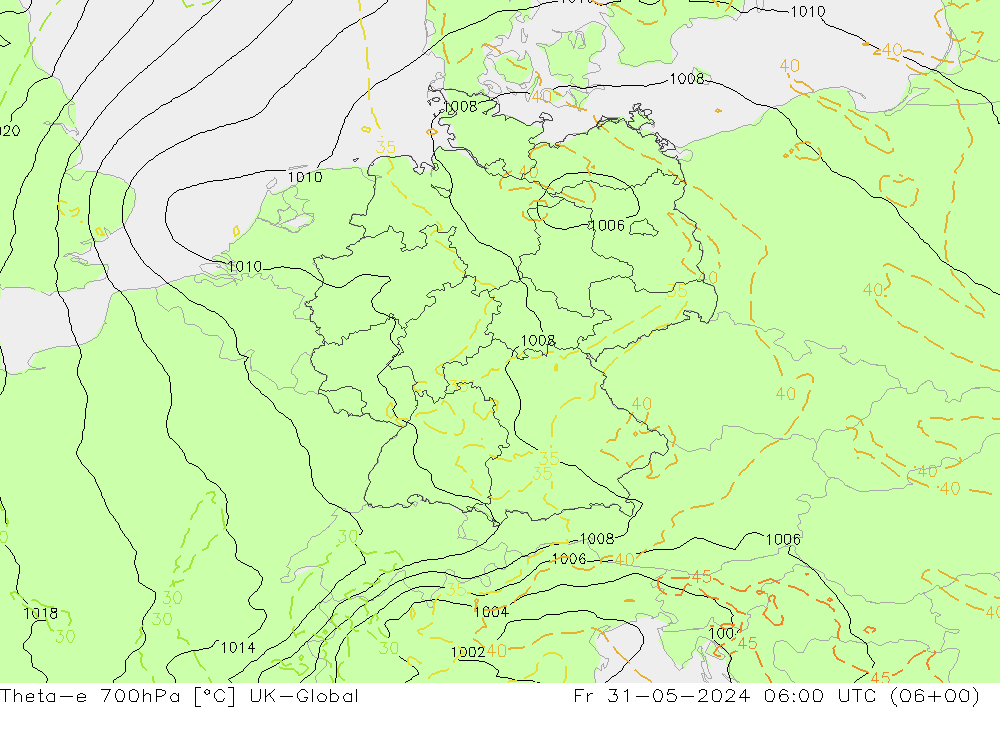 Theta-e 700hPa UK-Global Pá 31.05.2024 06 UTC