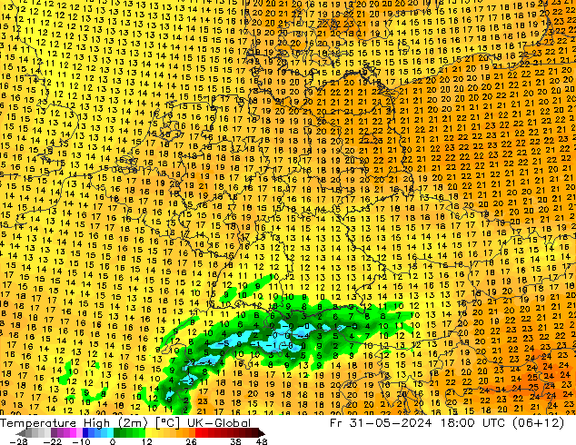 Temperatura máx. (2m) UK-Global vie 31.05.2024 18 UTC