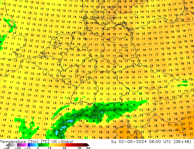 Temperature (2m) UK-Global Su 02.06.2024 06 UTC