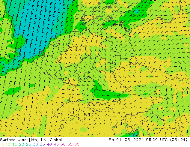 Vento 10 m UK-Global Sáb 01.06.2024 06 UTC