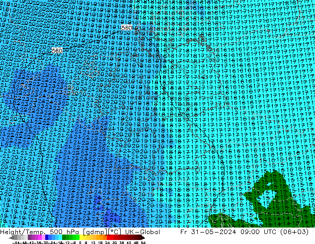 Height/Temp. 500 hPa UK-Global Fr 31.05.2024 09 UTC