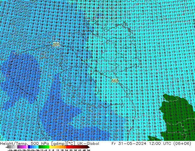 Hoogte/Temp. 500 hPa UK-Global vr 31.05.2024 12 UTC