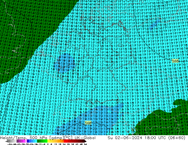 Height/Temp. 500 hPa UK-Global  02.06.2024 18 UTC