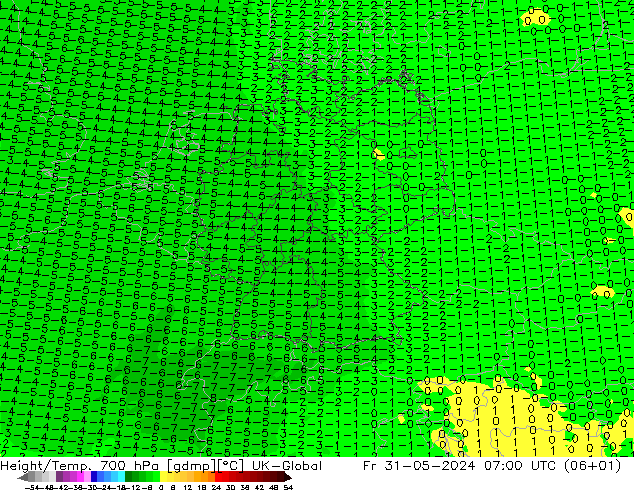 Hoogte/Temp. 700 hPa UK-Global vr 31.05.2024 07 UTC