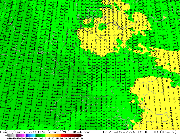 Height/Temp. 700 hPa UK-Global Fr 31.05.2024 18 UTC