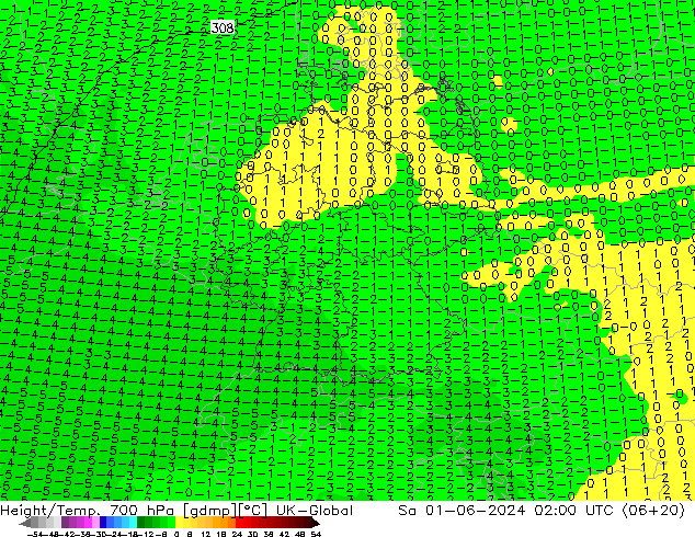 Yükseklik/Sıc. 700 hPa UK-Global Cts 01.06.2024 02 UTC