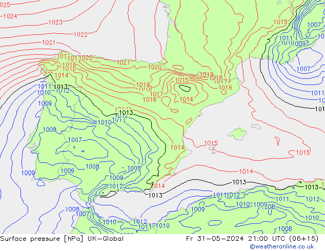 Surface pressure UK-Global Fr 31.05.2024 21 UTC