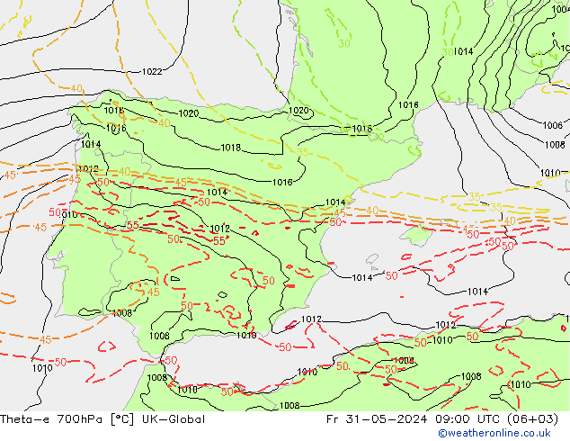 Theta-e 700hPa UK-Global Sex 31.05.2024 09 UTC