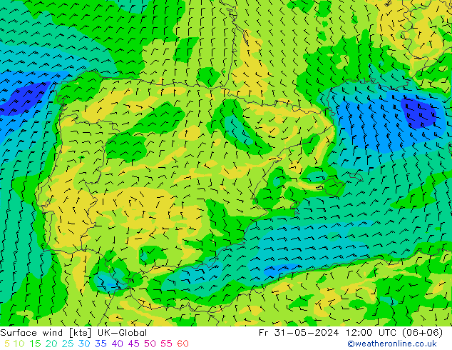 Viento 10 m UK-Global vie 31.05.2024 12 UTC