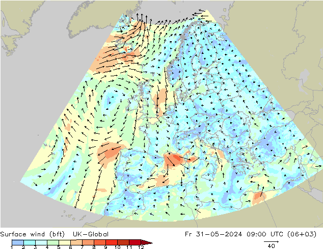 Wind 10 m (bft) UK-Global vr 31.05.2024 09 UTC