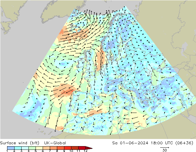 Vento 10 m (bft) UK-Global Sáb 01.06.2024 18 UTC