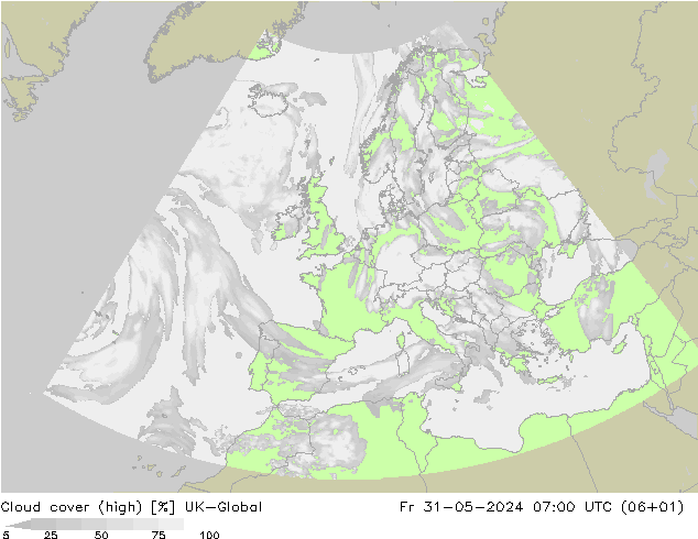 Cloud cover (high) UK-Global Fr 31.05.2024 07 UTC