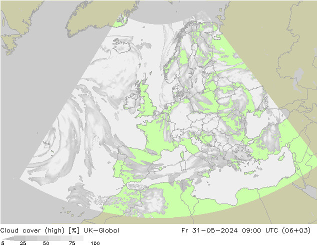 Cloud cover (high) UK-Global Fr 31.05.2024 09 UTC