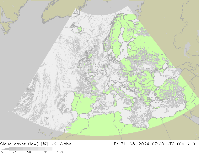 Cloud cover (low) UK-Global Fr 31.05.2024 07 UTC