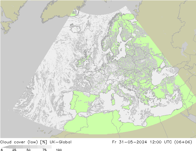 Cloud cover (low) UK-Global Fr 31.05.2024 12 UTC